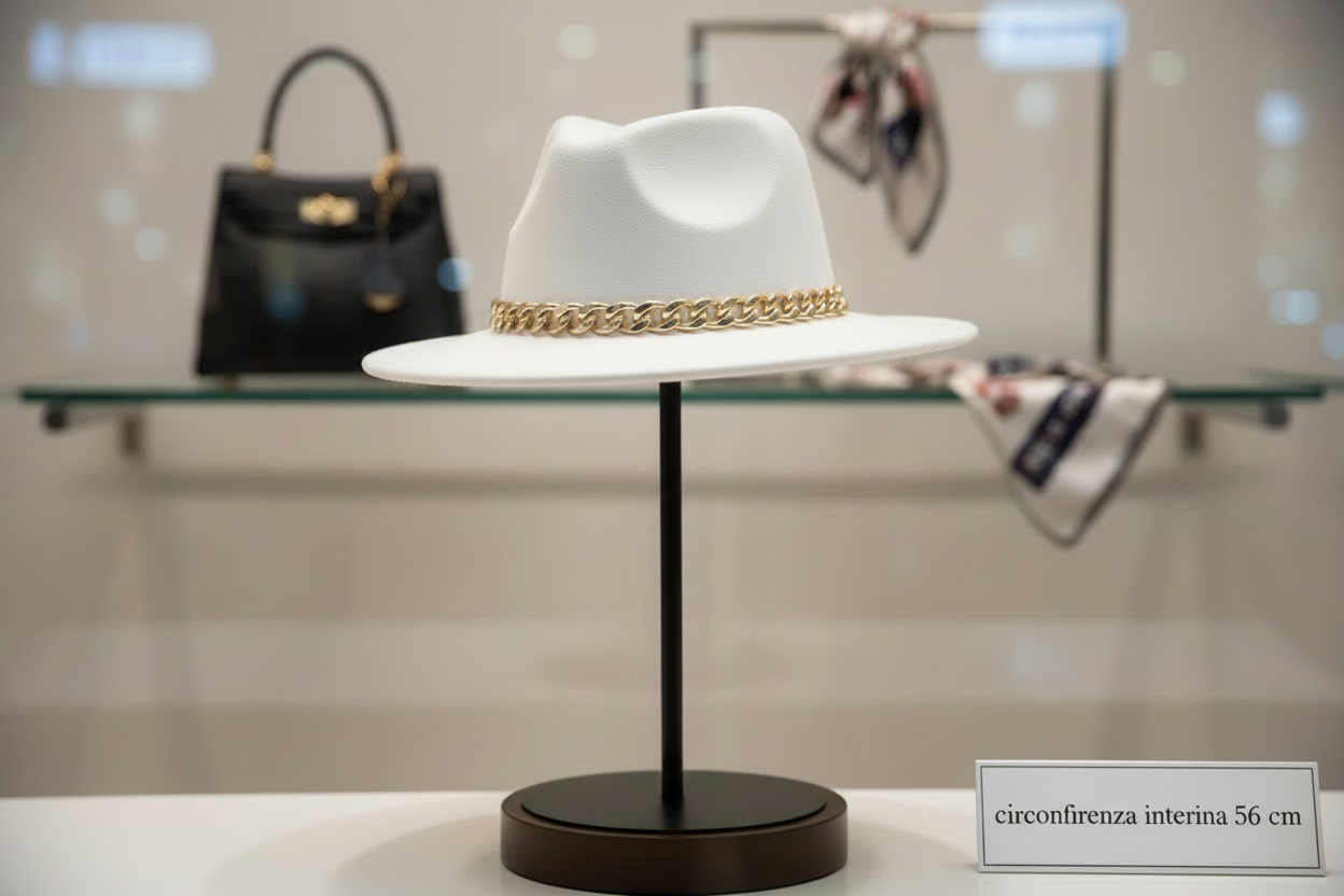 Cappello in panno bianco con catena dorata