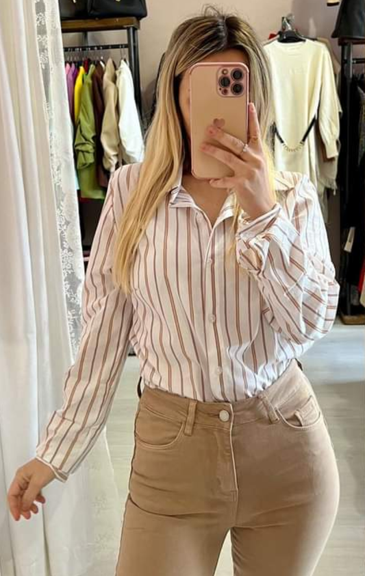 Camicia a righe in cotone bianca e cammello