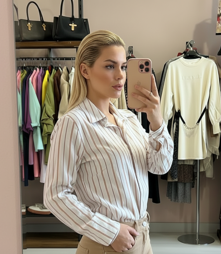 Camicia a righe in cotone bianca e cammello