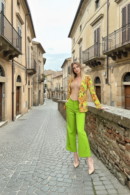 Tailleur Floreale & Lime con pantalone a palazzo