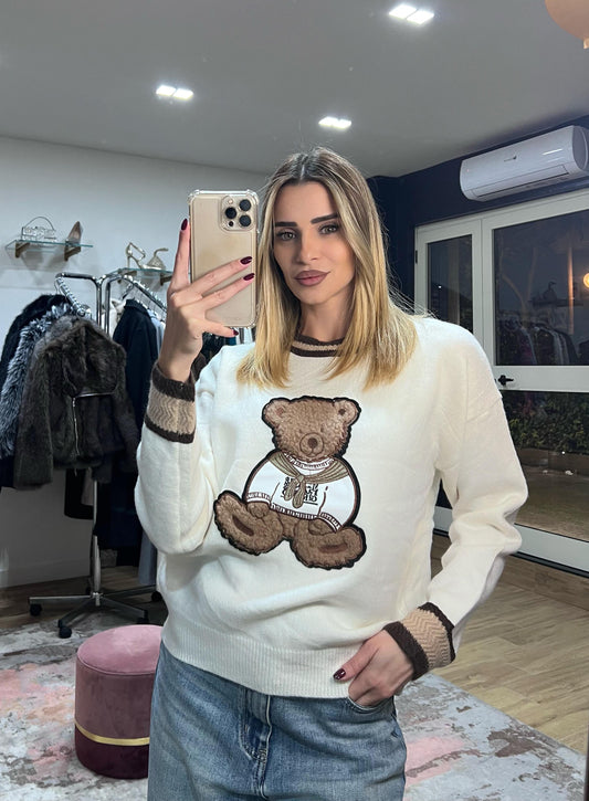 Maglioncino Oversize Ecru con orso Teddy Appliqué