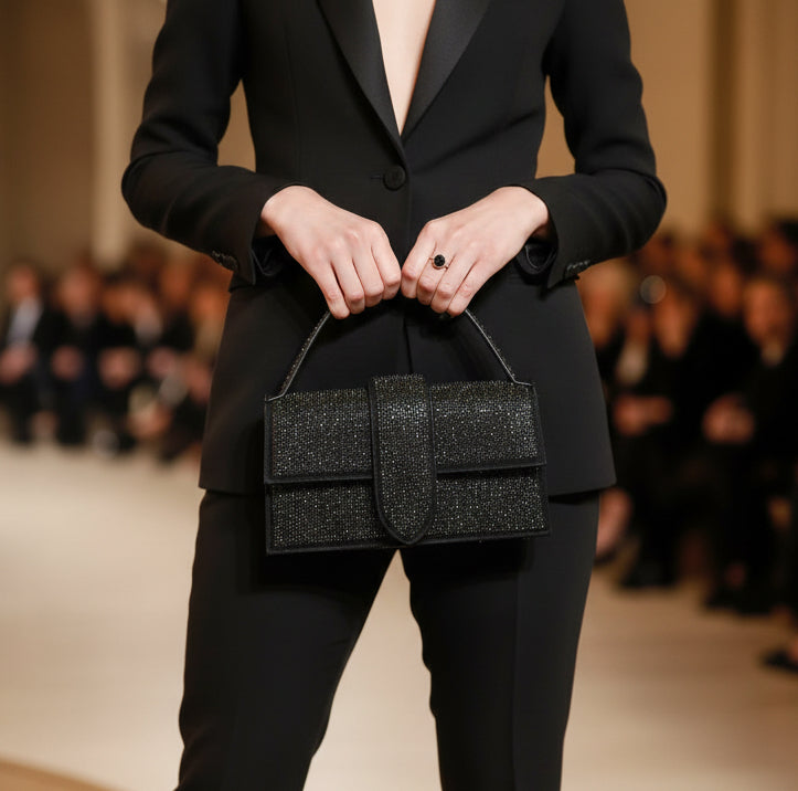 Mini Borsa Gioiello Rhinestone con Micro Strass Nera