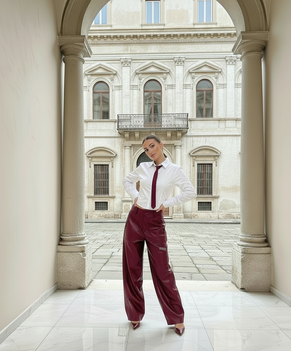 Pantalone cargo in ecopelle bordeaux