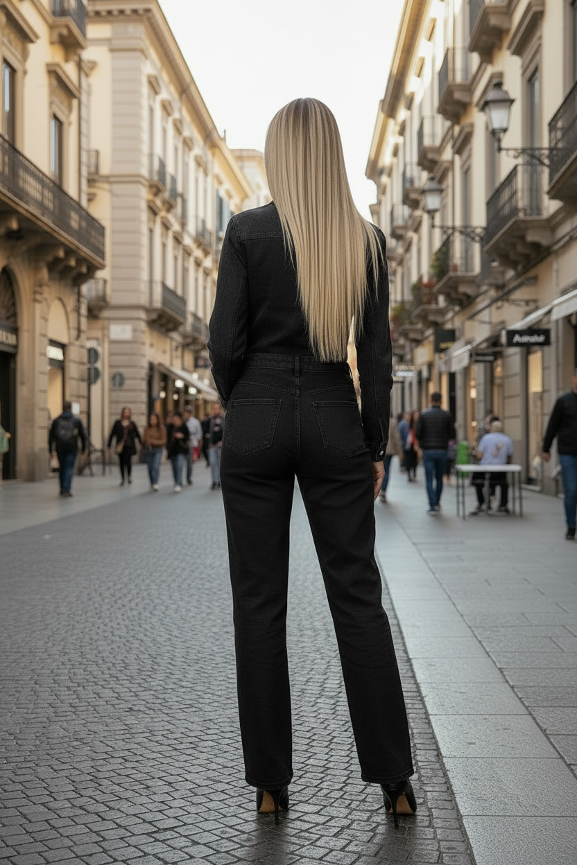 Tuta Denim Nero Wide Leg con Strass e Multitasche