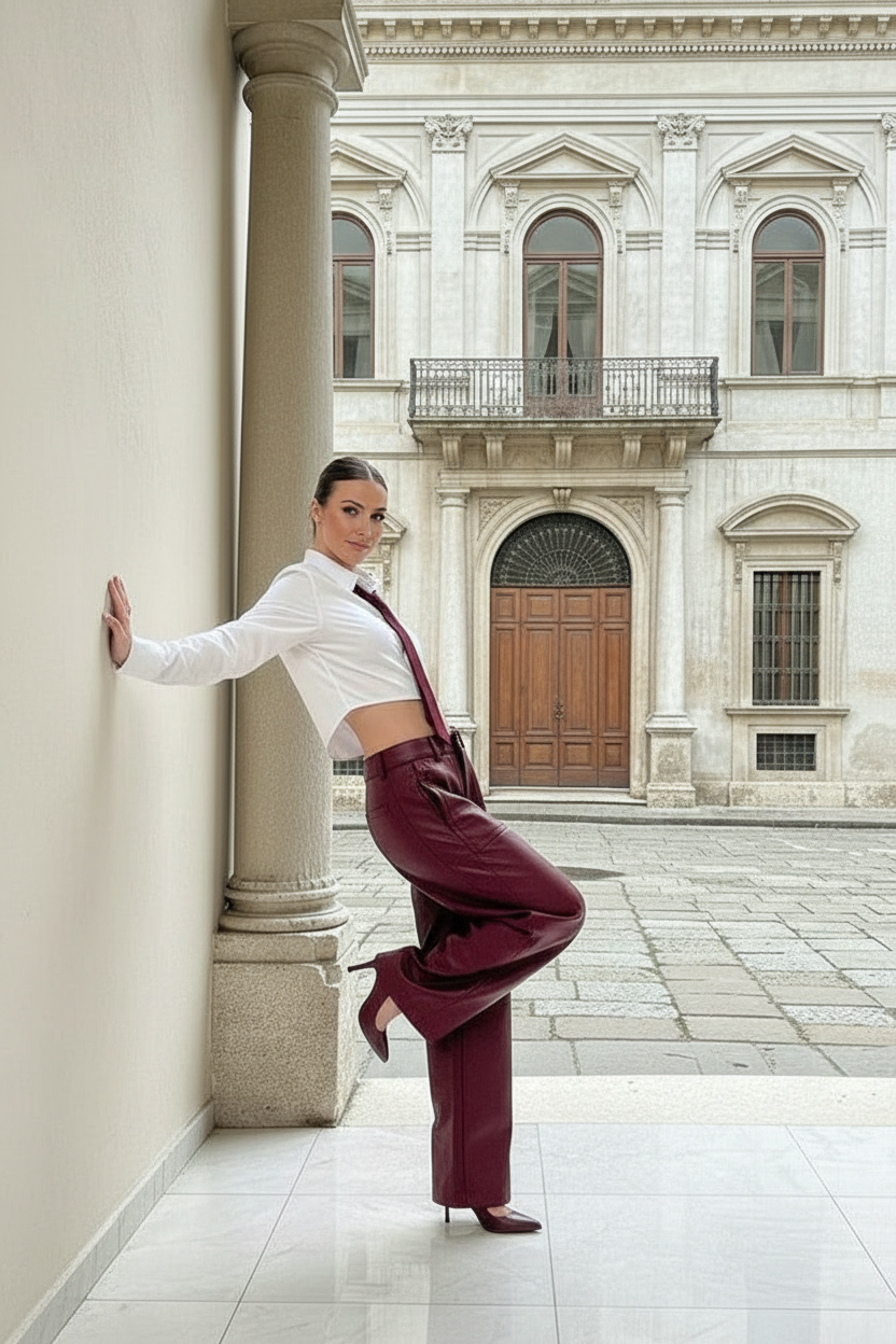 Pantalone cargo in ecopelle bordeaux
