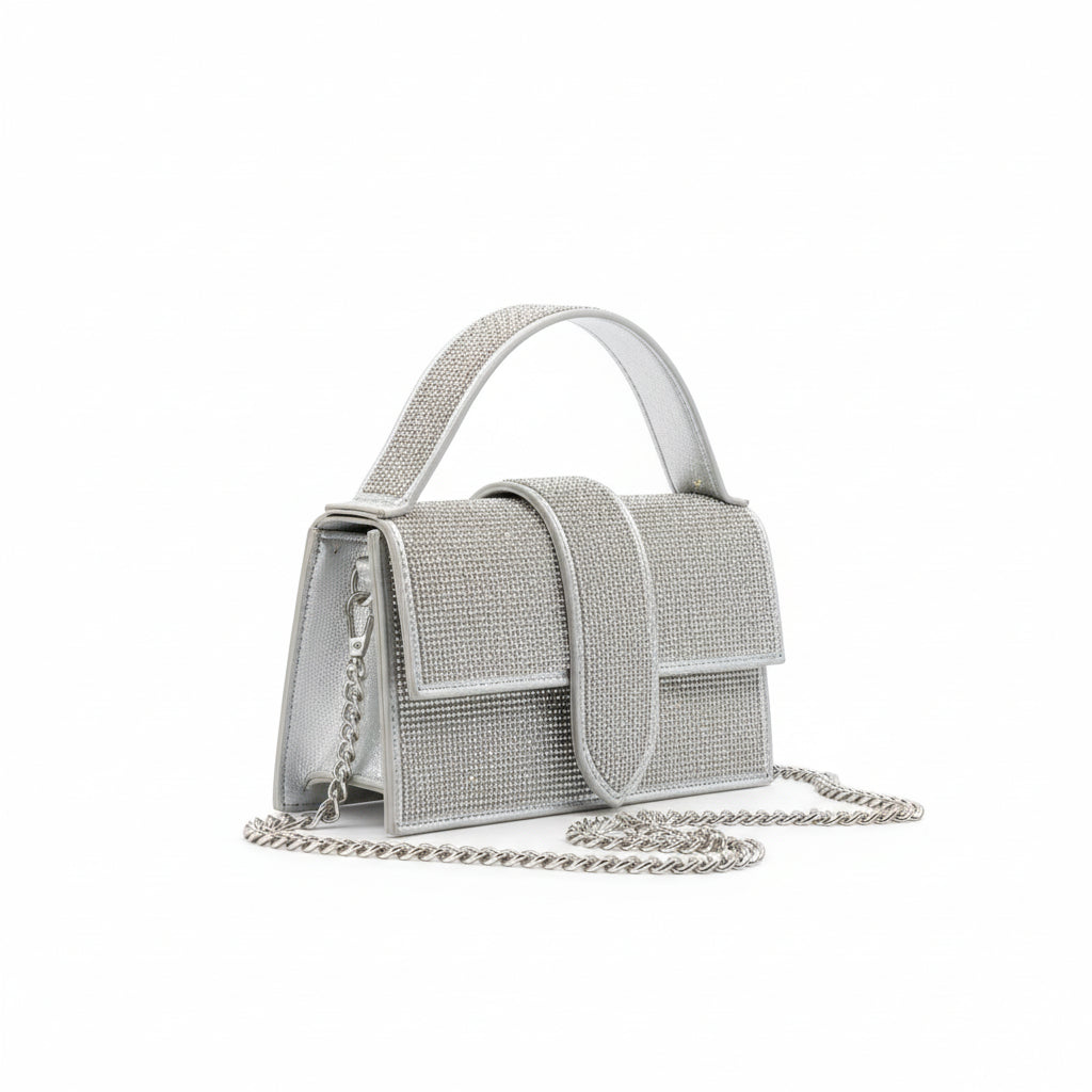 Mini Borsa Gioiello Rhinestone con Micro Strass Argento