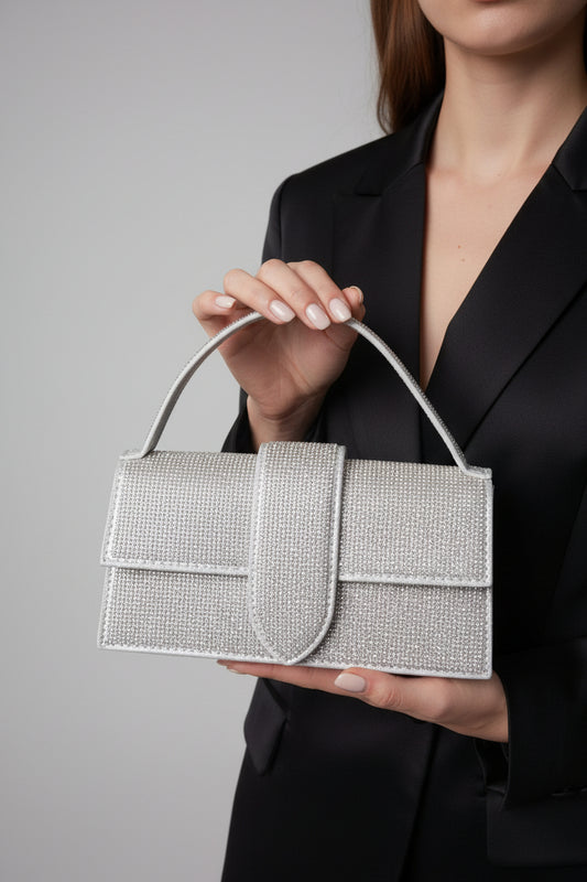 Mini Borsa Gioiello Rhinestone con Micro Strass Argento
